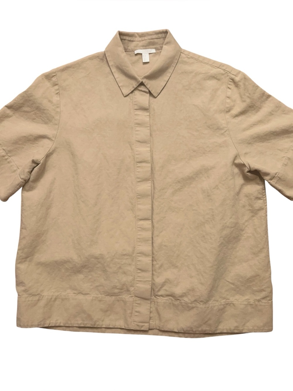 COS Shirt Womens Size 10 Short Sleeve Button Linen Cotton Blend Knit Beige